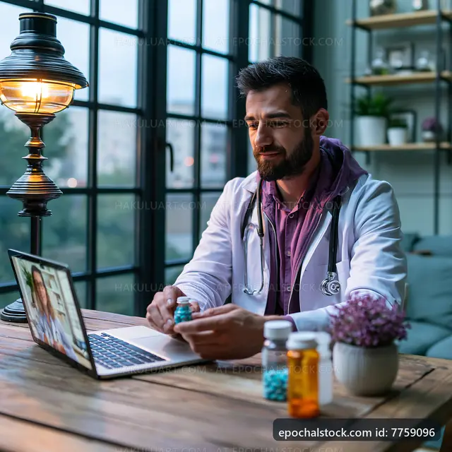 Doctor consulting online while organizing medication at home