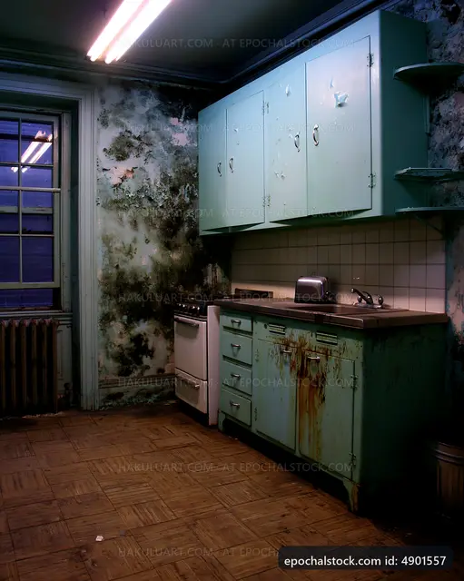 Old kitchen with peeling paint and mold in a dimly lit room
