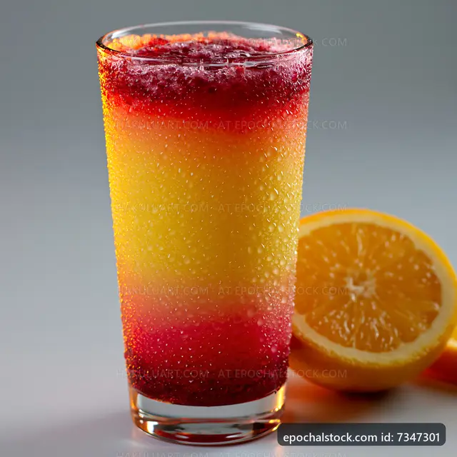 Colorful layered drink in a glass with fresh orange slice