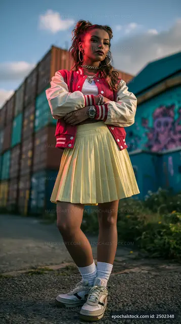 Young woman in red jacket and yellow skirt poses outdoors