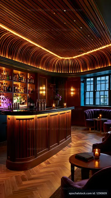 Elegant bar interior with wooden accents and warm lighting