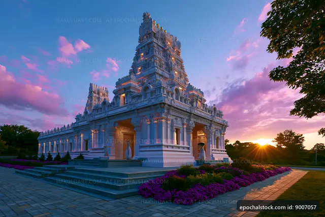 Sunset view of a white temple with colorful flowers
