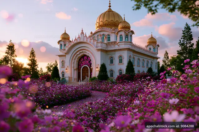 Colorful flowers surround a grand building at sunset