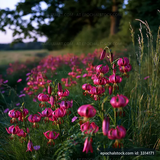 Field of pink flowers at sunset in a rural area