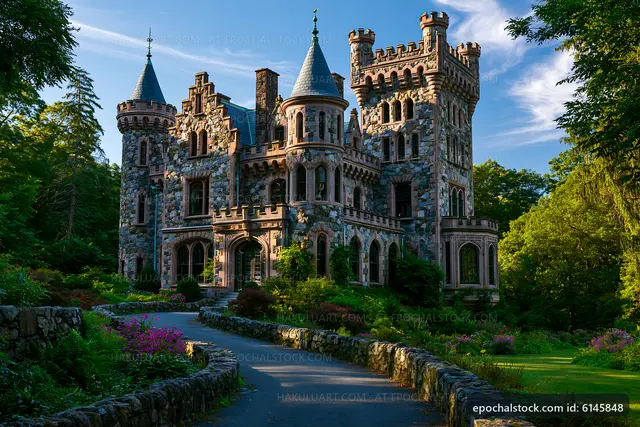 Castle built with stone and decorative towers in a garden
