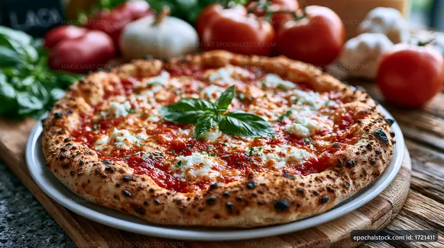 Fresh pizza with basil and cheese on a wooden table