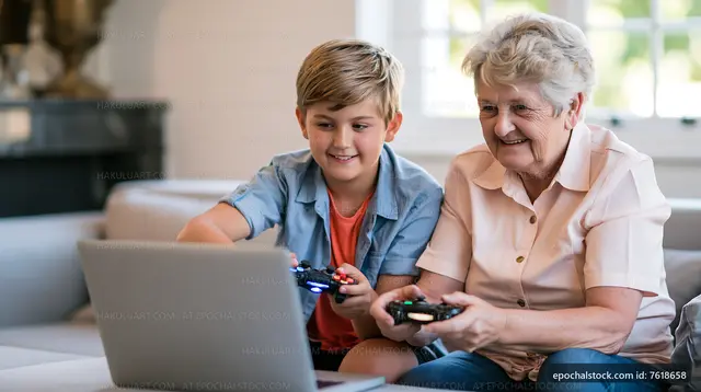 Grandmother and grandson playing video games at home