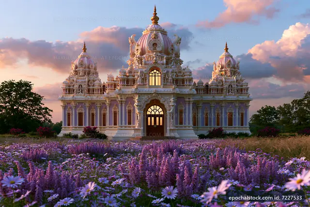 Beautiful temple surrounded by flowers at sunset