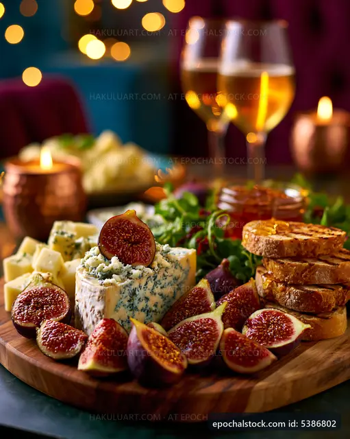 Cheese and fruit platter with drinks on a table