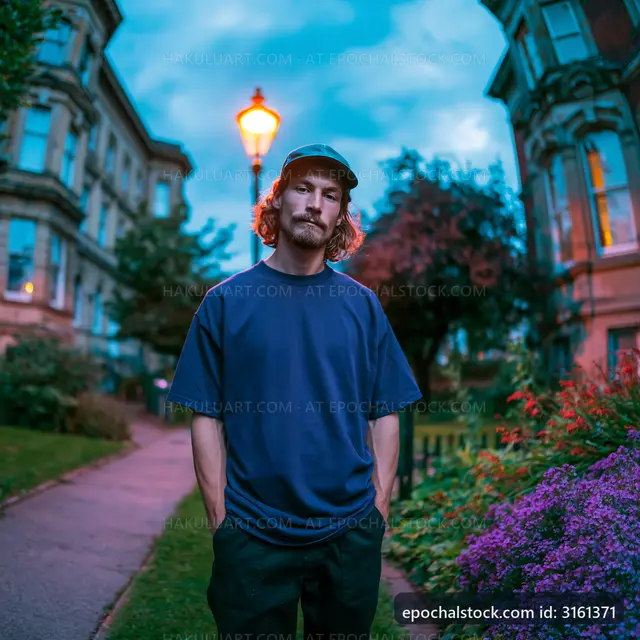 Man standing on a path near buildings with streetlight at dusk