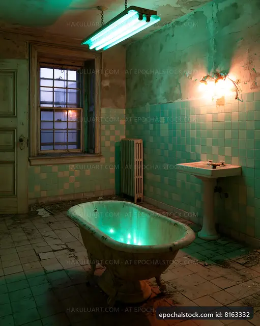 Old bathroom with a bathtub and green lighting