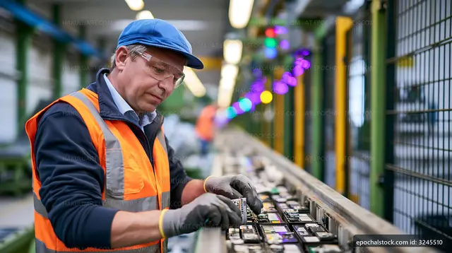 Worker assembling components in a factory setting