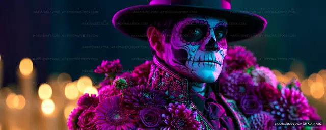 Skeleton figure in a colorful outfit stands with flowers