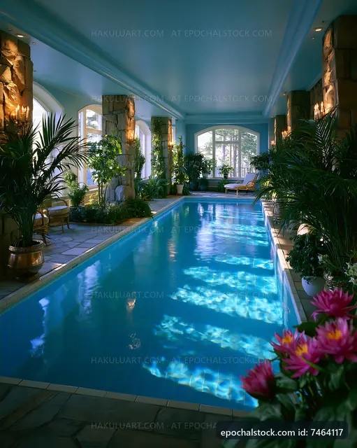 Indoor swimming pool with plants and natural light