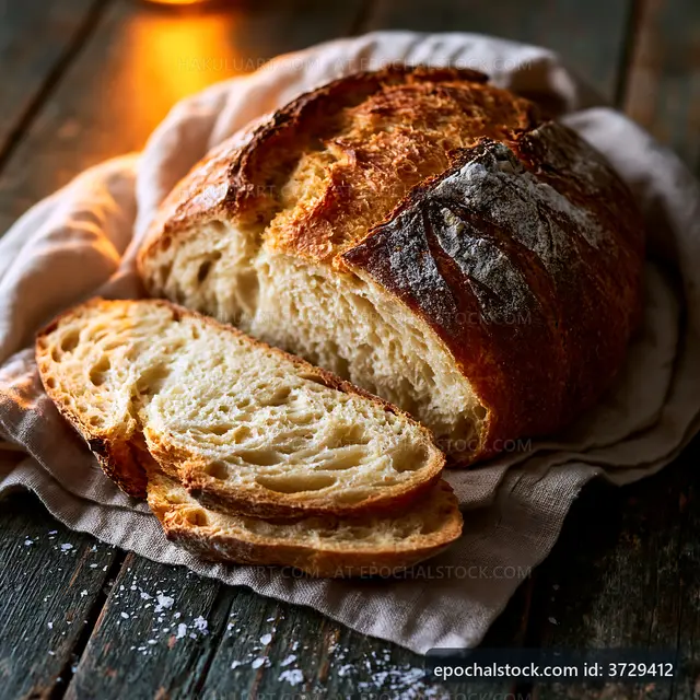 Freshly baked bread with slices on a cloth napkin