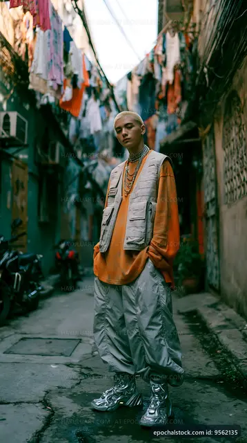 Person standing in alley with colorful clothes hanging above