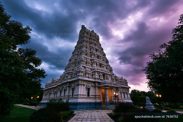 Temple structure under a cloudy sky with trees