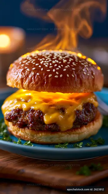 Hot cheeseburger with melted cheese on a sesame seed bun