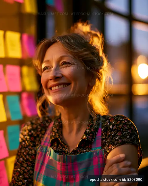 Woman smiling by a wall of colorful sticky notes in the evening