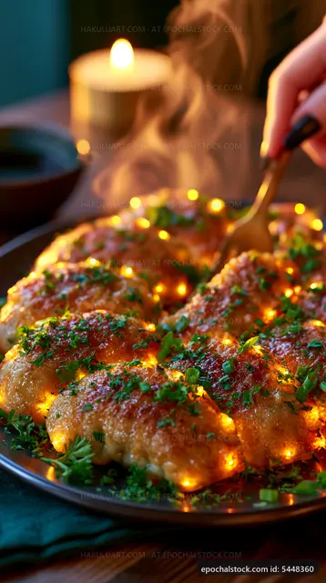 Warm dumplings topped with herbs on a wooden table