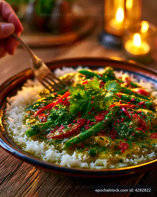 Delicious dish of rice with green vegetables and herbs