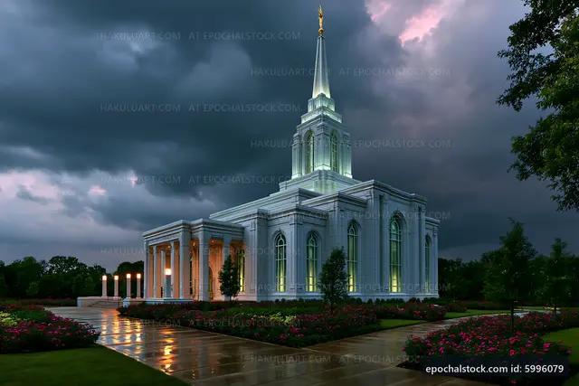 Modern church building under dark stormy sky