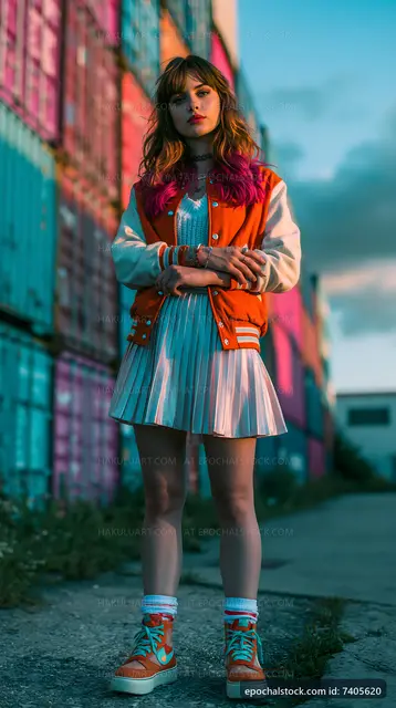 Young woman in colorful outfit stands near shipping containers