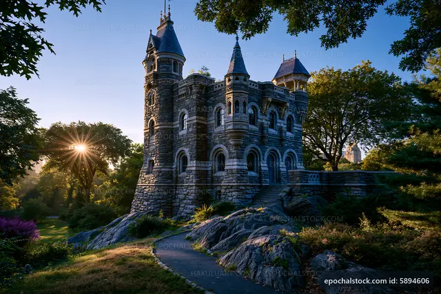 Historic castle in park during sunset with stone architecture