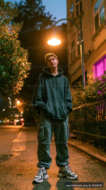 Model standing under streetlight on urban street at night