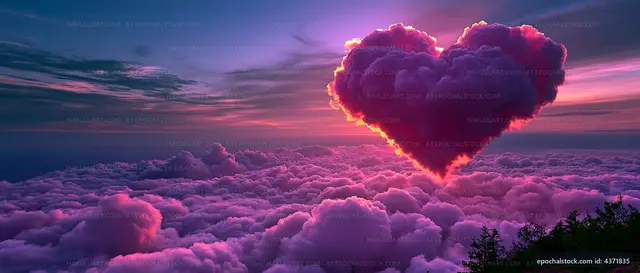 Clouds shaped like a heart float in a colorful sky at sunset