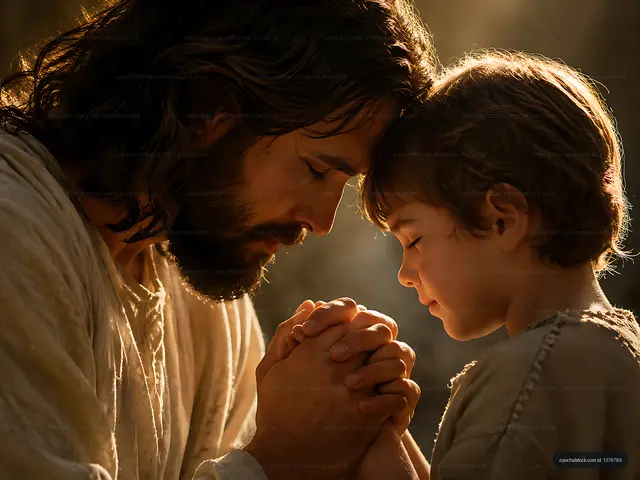 Father and son share a moment of connection and prayer