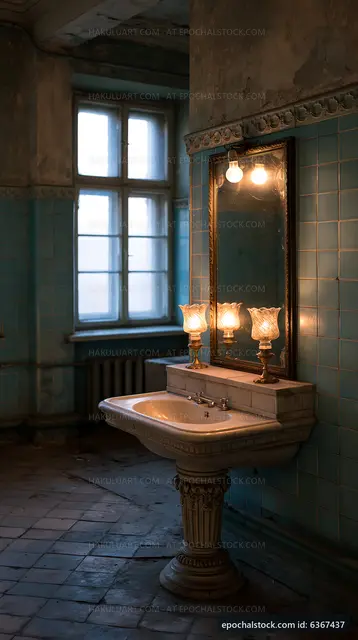 Vintage bathroom with a sink and light fixtures in an old building