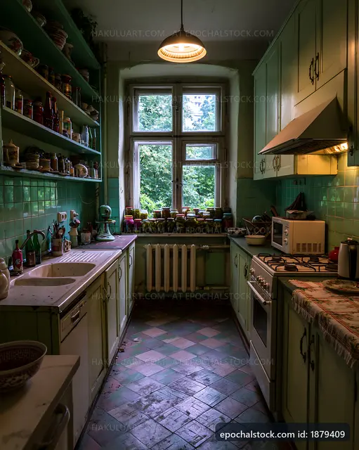 Vintage kitchen with green cabinets and a sunny window