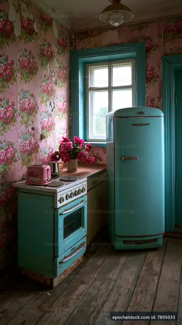 Retro kitchen with vintage appliances and floral wallpaper