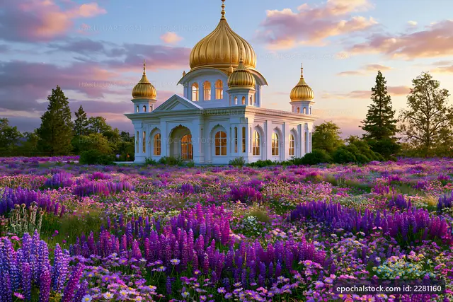 Golden dome building surrounded by purple flowers at sunset