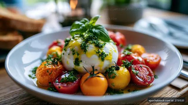 Fresh mozzarella with heirloom tomatoes and basil on a table