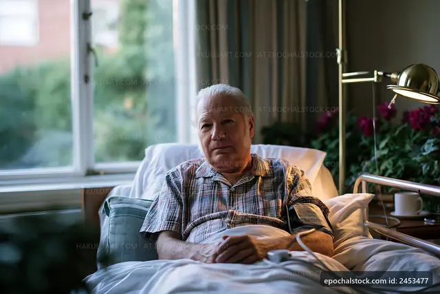 Elderly man sitting on a hospital bed with a blood pressure monitor