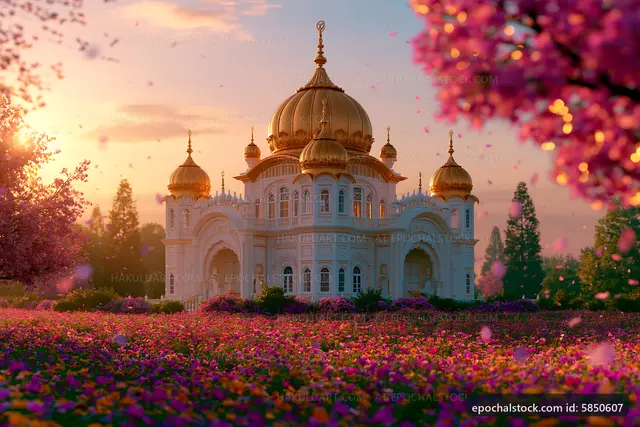 Golden temple surrounded by blooming flowers at sunset