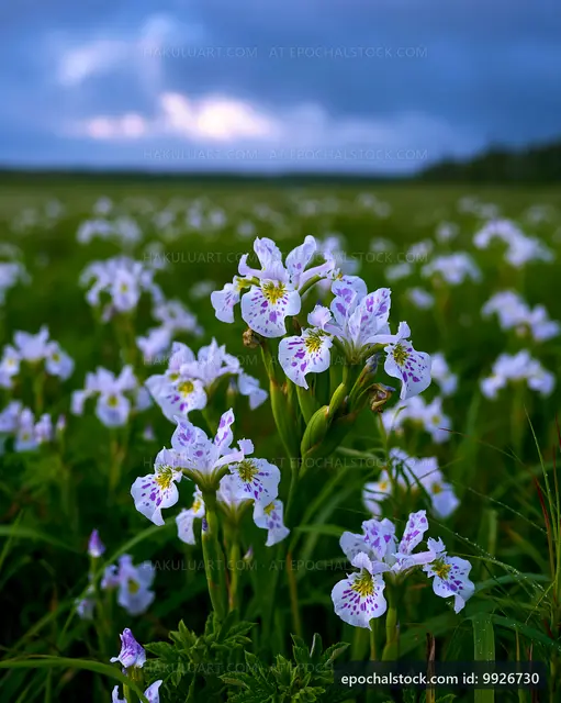 Wildflowers bloom in a field with cloudy sky in the background