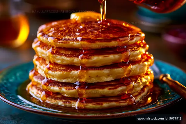 Stack of pancakes with syrup and butter on a blue plate