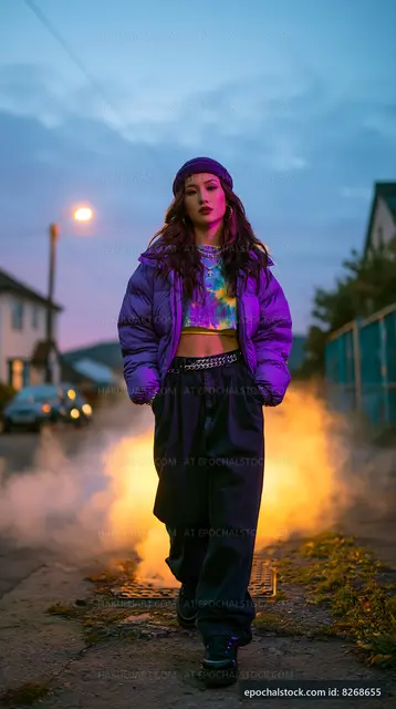 Walk on a street with smoke and colorful lights at dusk