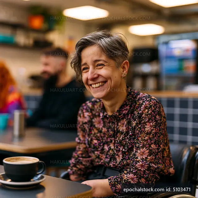 Woman smiling in a cafe with friends in a cozy indoor setting
