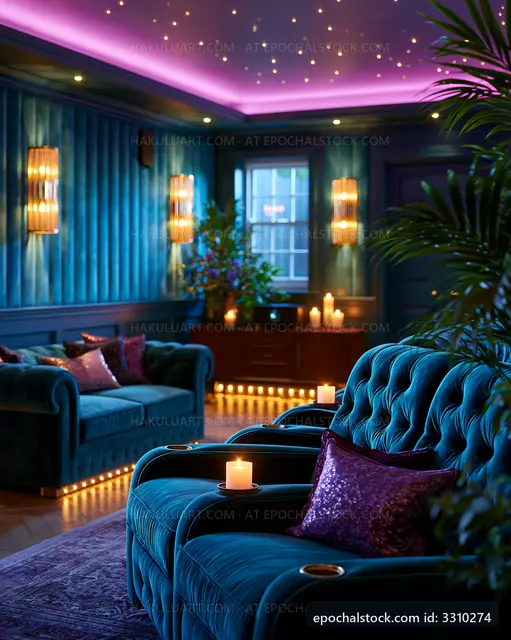 Cozy lounge area with blue decor and soft lighting at night