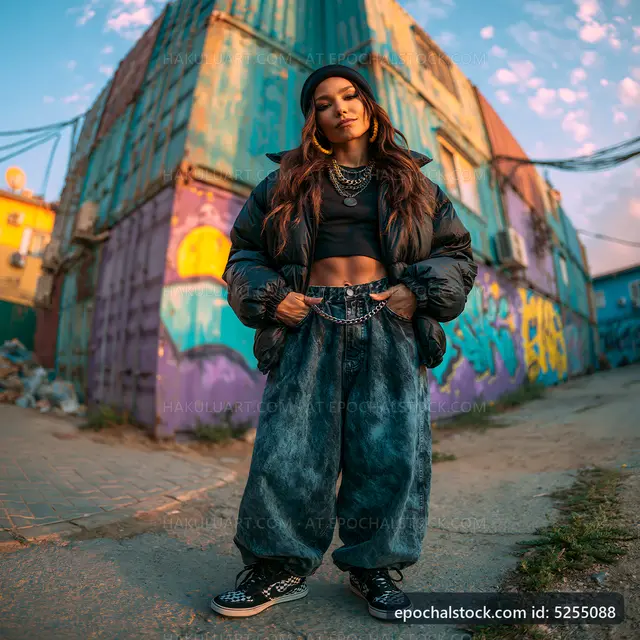 Woman in streetwear outfit poses near colorful shipping containers