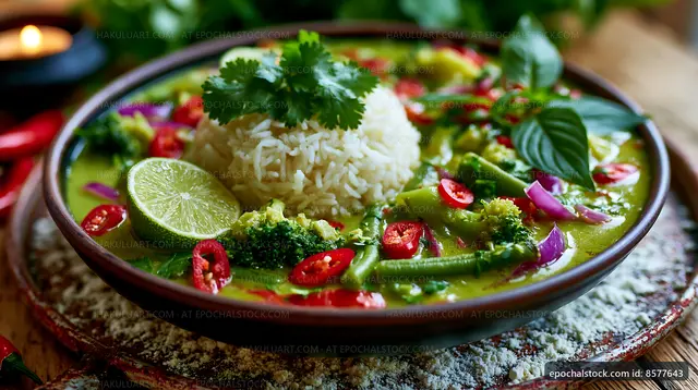Green curry dish with rice and fresh ingredients