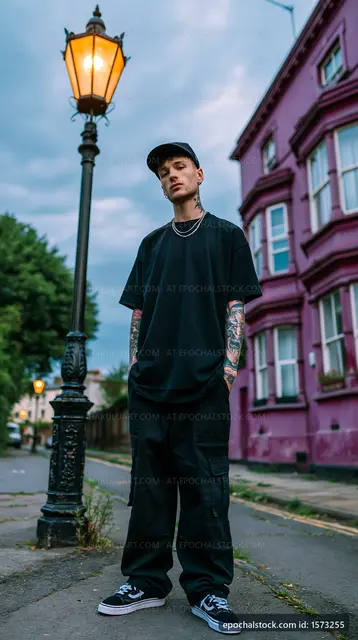 Man standing near street lamp on urban street with pink building