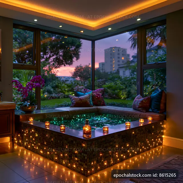 Cozy corner with hot tub and candles at sunset