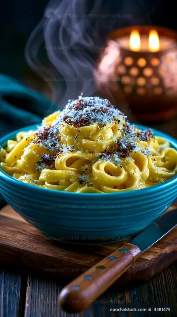 Pasta dish with cheese and herbs in a bowl