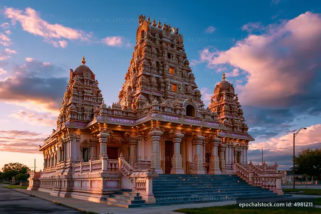 Sunset view of a Hindu temple with intricate architecture