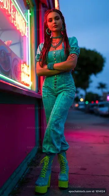 Young woman in vibrant outfit standing near neon-lit cafe